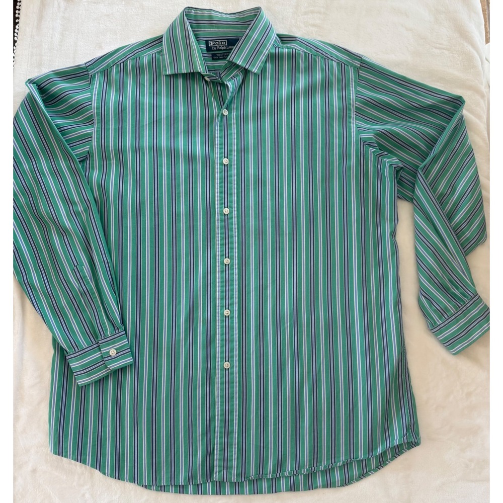 Polo Ralph Lauren Westerton Shirt Mens Large Green Blue Striped Two-Ply Cotton